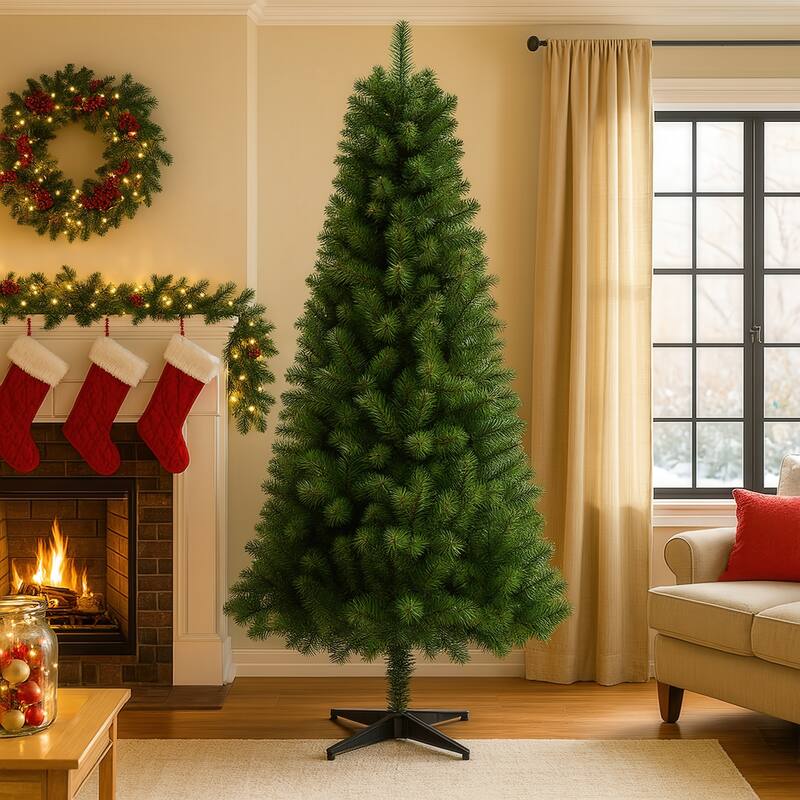 Unlit Hinged Artificial Tree - Full PVC Branches, Green, Plastic Stand, Indoor Decor - Green