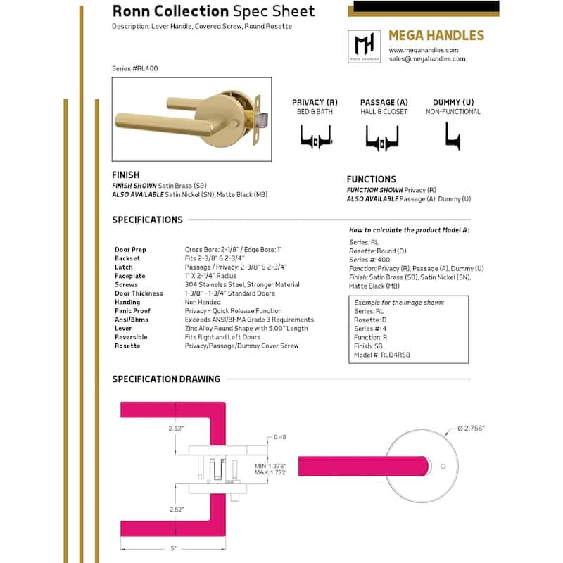 Mega Handles RONN Privacy Flat Lever for Hallway, Closet, and Bathroom I Reversible Keyless Door Lock