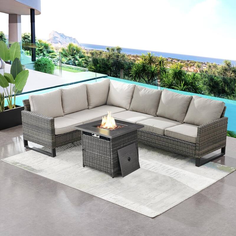 Outdoor Sectional Sofa with Fire Pit Table - Grey - Beige