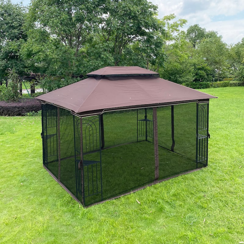Outdoor Brown Gazebo Canopy Tent with Detachable Mesh Screen