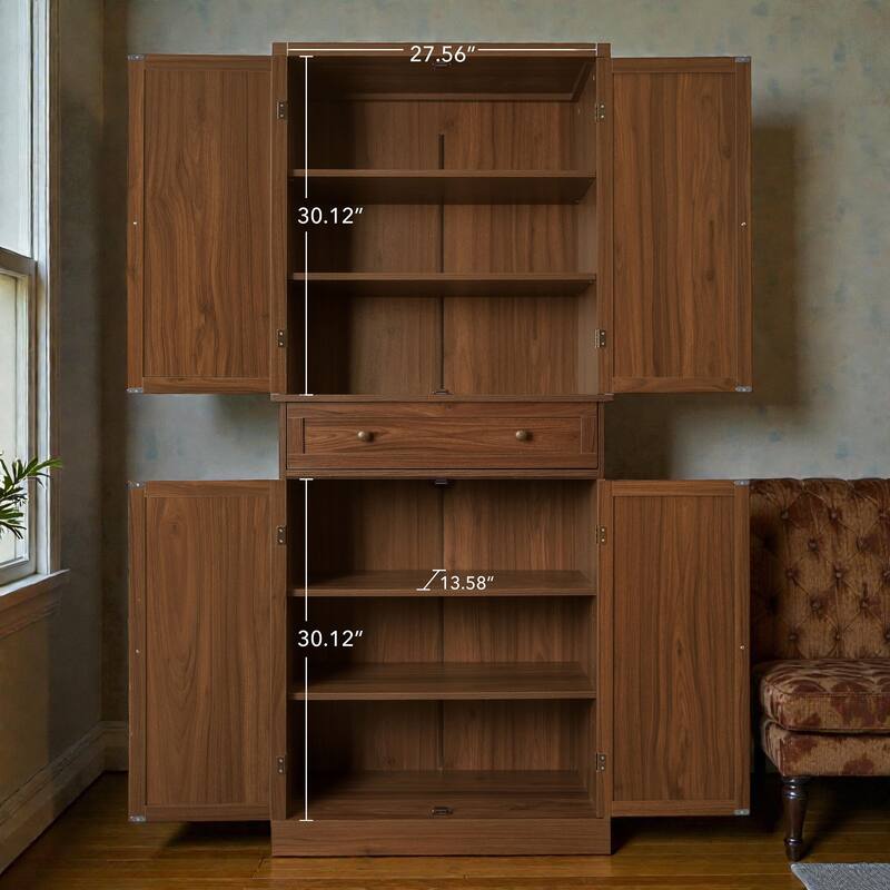 4 Door Storage Cabinet with Drawer, Adjustable Shelves Rattan Accent Cabinet with Anti-Tip Design