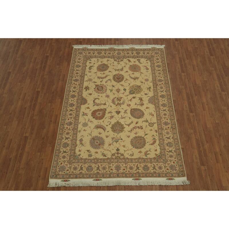 Hand Knotted Oriental Wool & Silk Carpet Traditional All-Over Beige & Ivories Tabriz Area Rug - 9' 9'' X 6' 8''
