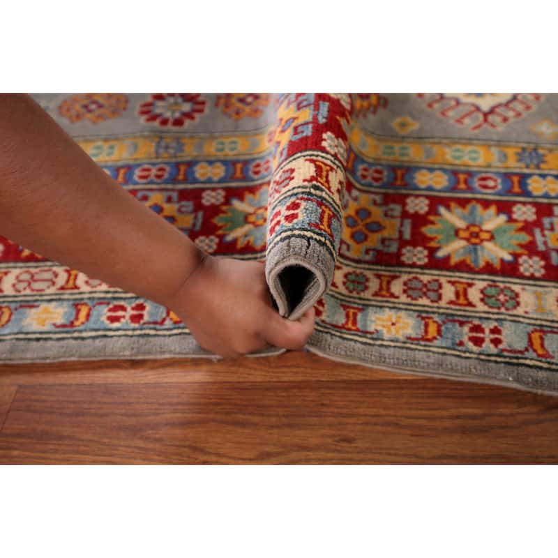 Gray Geometric Kazak Oriental Area Rug Hand-Knotted Wool Carpet - 4'11" x 6'10"
