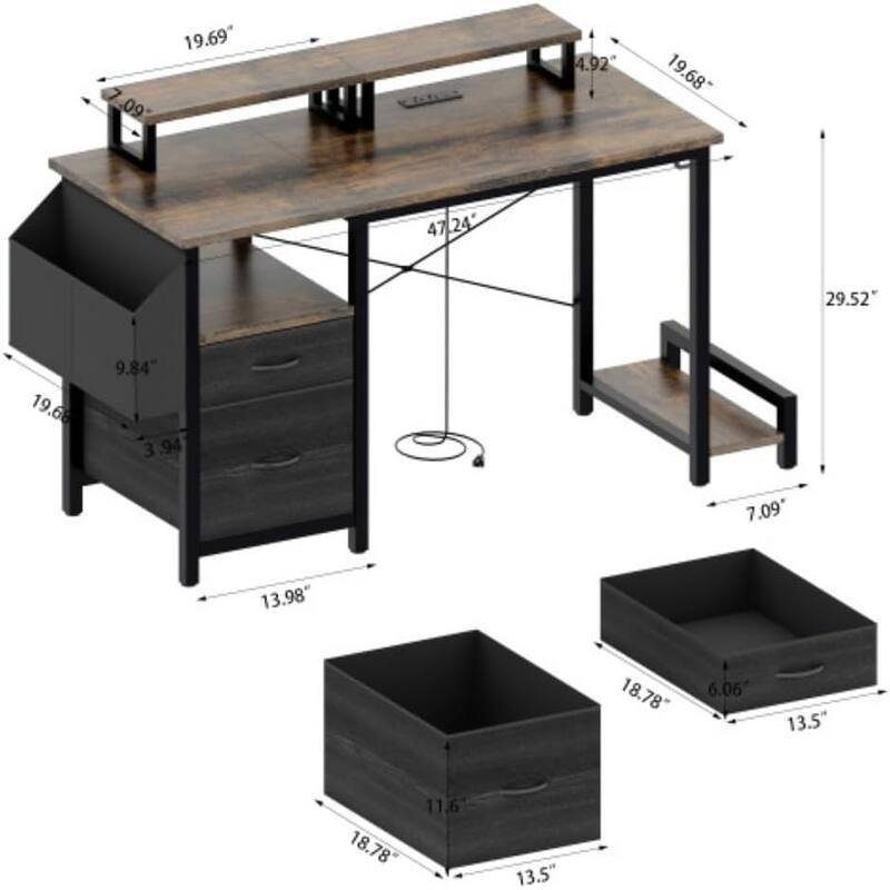 Computer Desk with Power Outlets 7 Fabric Drawers Large Side Pocket Reversible Storage Small Vanity Desk 47inch Office