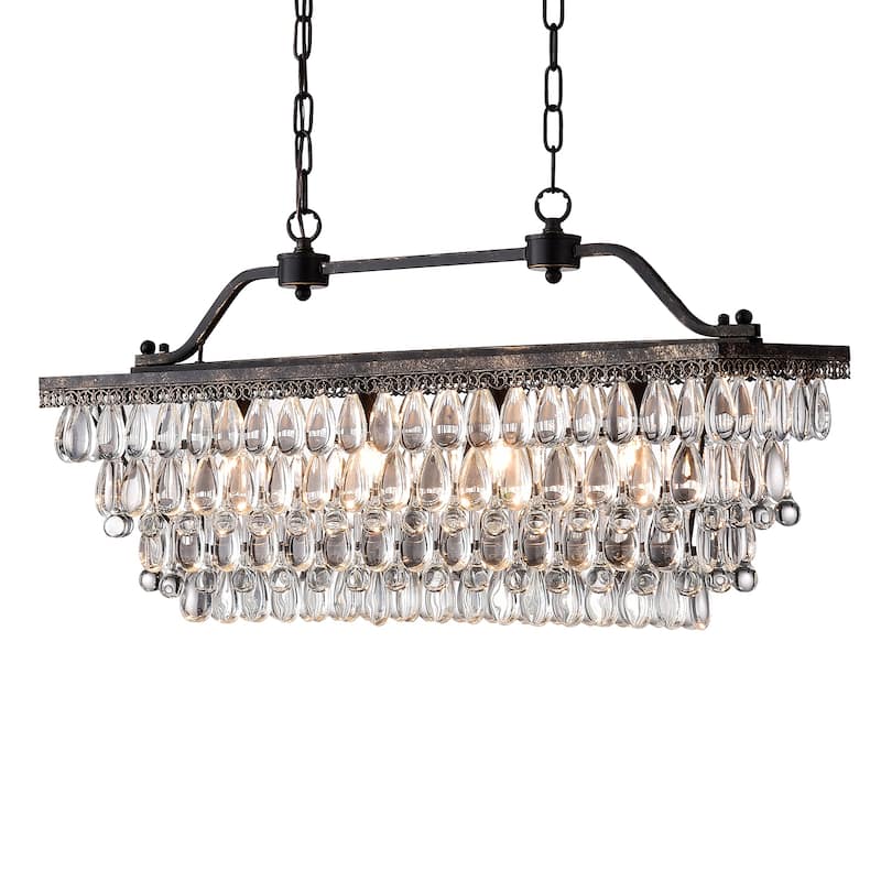 Antique Bronze 4-Light Rectangular Kitchen Island Lighting with Crystal Hanging - Antique Bronze