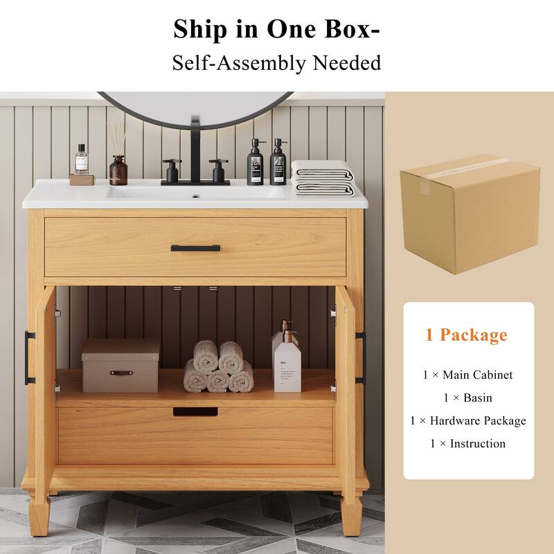 36" Rattan Modern Bathroom Vanity with Ceramic Sink - 2 Soft-Close Doors & 3 Drawers, Solid Wood Legs, Spacious Storage