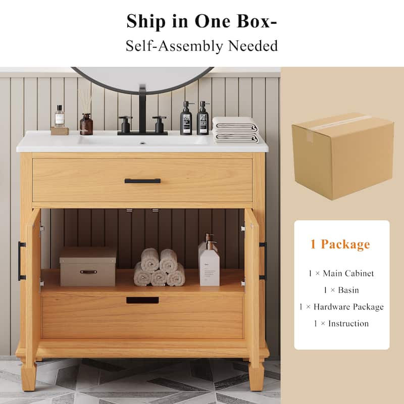 36"Bathroom Vanity with Sink, 2 Soft Close Doors and 3 Drawers, Free-standing Vanity with Wood Legs and Large Storage