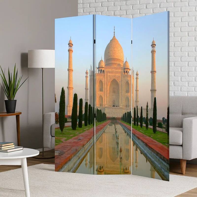 Brar 71 Inch 3 Panel Screen, Taj Mahal Reflecting Pool Print, Multicolor