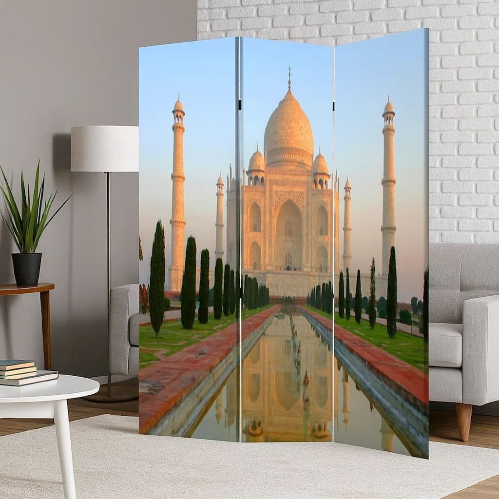 Brar 71 Inch 3 Panel Screen, Taj Mahal Reflecting Pool Print, Multicolor