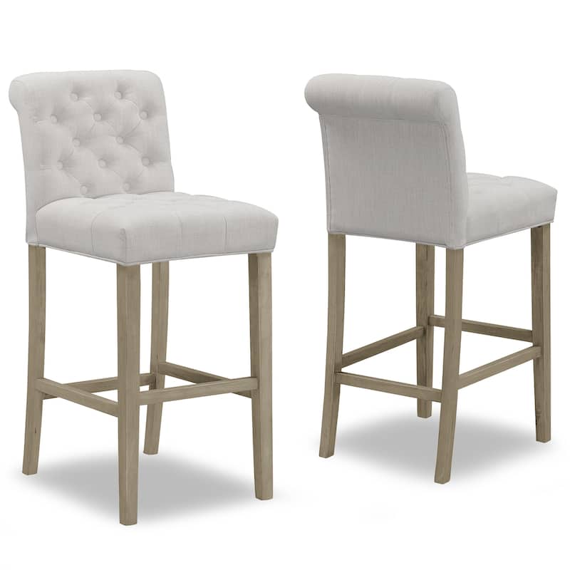 Set of 2 Aleen Beige Fabric Barstool with Roll Back and Tufted Buttons