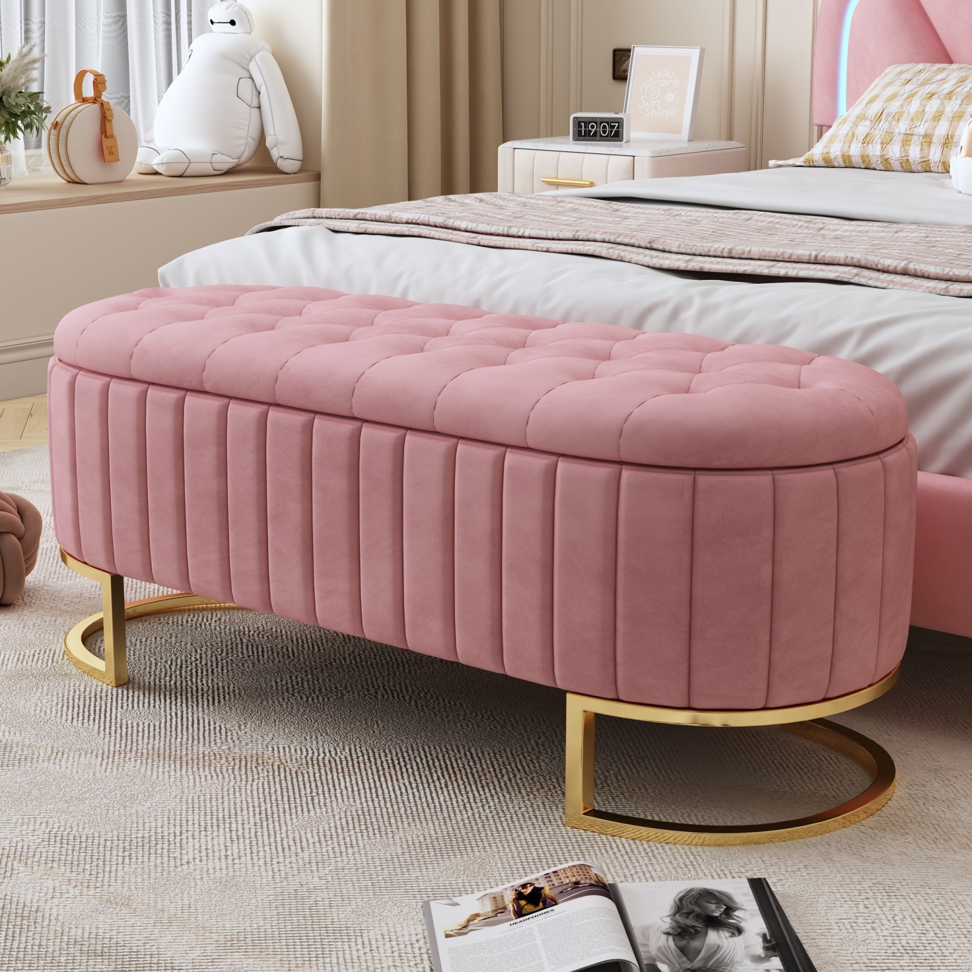 Elegant Upholstered Velvet Storage Ottoman with Button-Tufted,Storage Bench with Metal Legs, Fully Assembled Except Legs