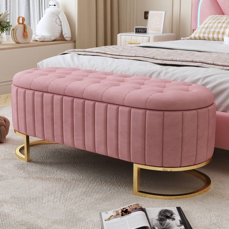 Luxury Tufted Velvet Ottoman, Storage Bench with Gold Legs for Bedroom & Living Room - Pink