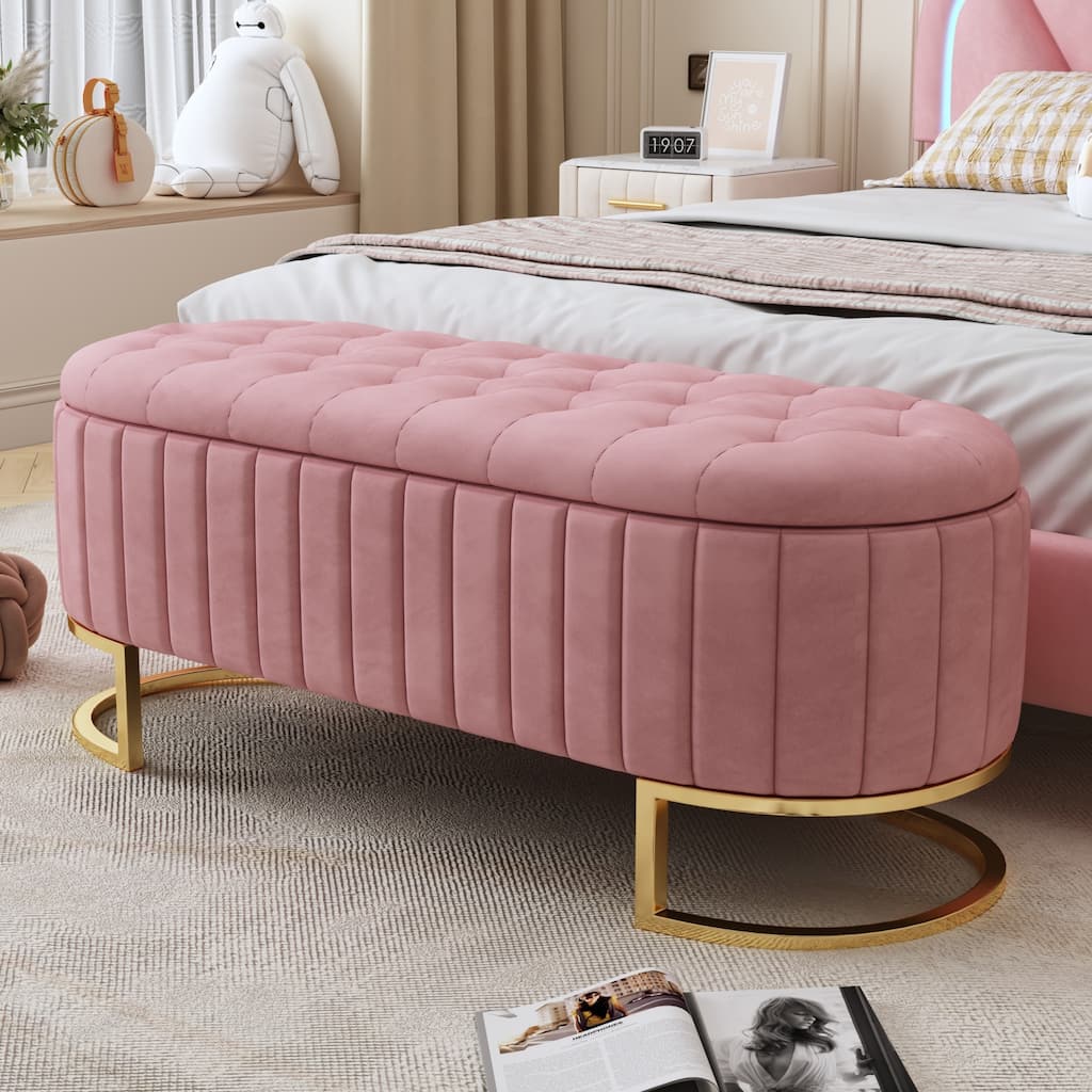 Velvet Storage Ottoman End of Bed Bench, Button-Tufted Upholstered Bench Entryway Bench with Metal Legs