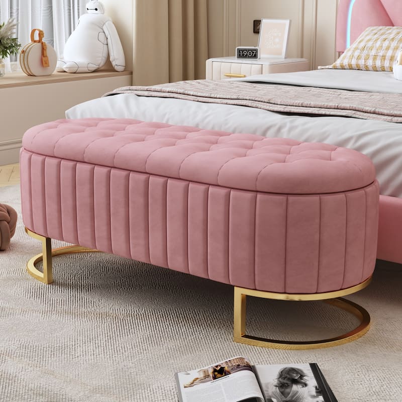Velvet Storage Ottoman End of Bed Bench, Button-Tufted Upholstered Bench Entryway Bench with Metal Legs - Pink