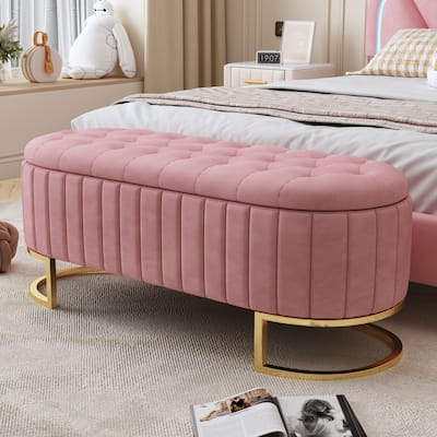 Velvet Storage Ottoman with Metal Legs and Button-Tufted