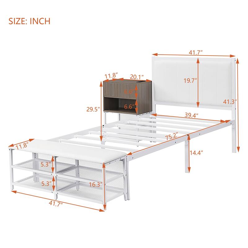 Twin Size Metal Platform Bed Frame with Two-Tier Storage Shelves and Wooden Cabinet, Sleek and Functional for Bedroom
