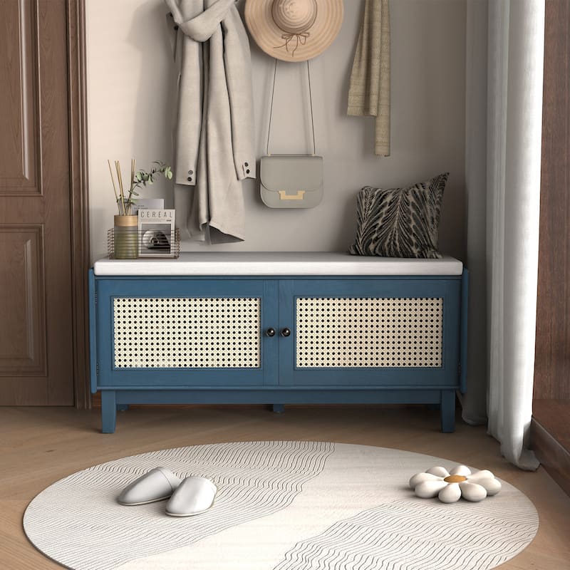 Boho Rattan Shoe Storage with Washable Cushion & Adjustable Shelves by Harper&Bright Designs - Antique Navy&Beige