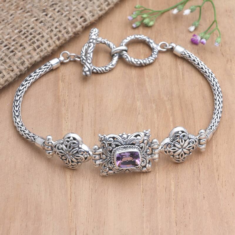 Novica Handmade Sunset Amethyst Pendant Bracelet - Silver