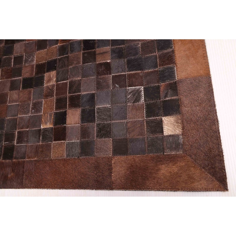 ECARPETGALLERY Handmade Cowhide Patchwork Dark Brown Leather Rug - 5'1 x 8'0