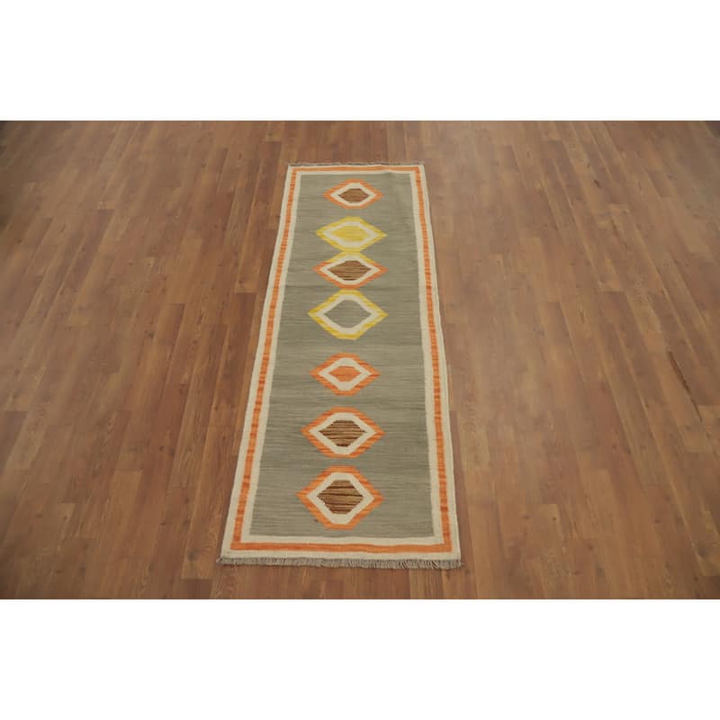 Hand Woven Oriental 100% Wool Carpet Southwestern Tribal Greys & Charcoal Kilim Runner Rug - 5' 8'' X 2' 0''