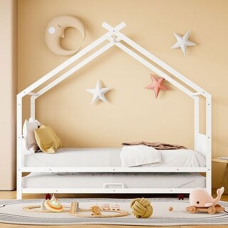 Full Size Metal House Bed with Twin Size Trundle
