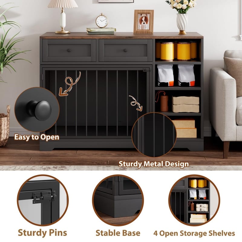 Wooden Dog Cage Furniture Indoor Crate Kennel TV Stand with Drawers Shelves