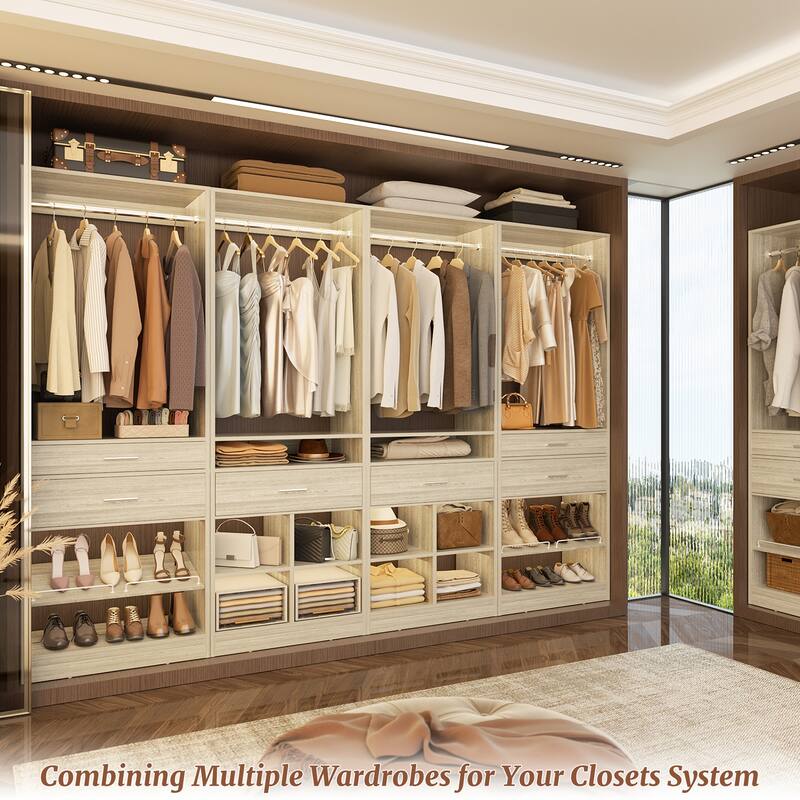 Set of 2 Freestanding Closet System with 3 Wood Drawer and 2 Hanging Rods, Walk-in Closet Organizer with Shoe Rack