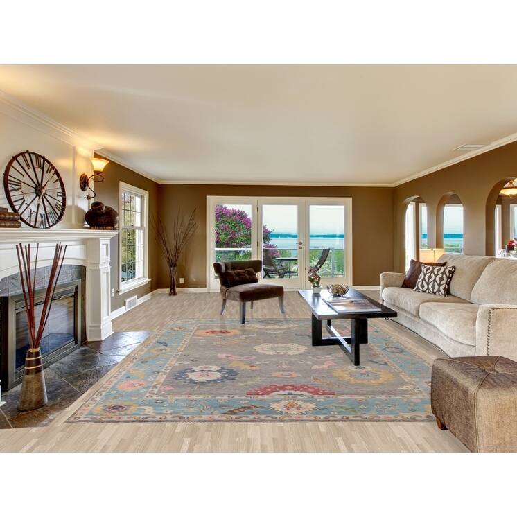 Gray Floral Oushak Area Rug Hand-Knotted Wool Carpet - 8'8"x 11'10"
