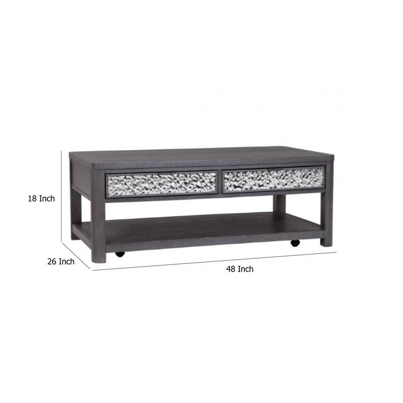 Zoko 48 Inch Coffee Table, Caster Wheels, Drawers, Ash Gray Rubberwood