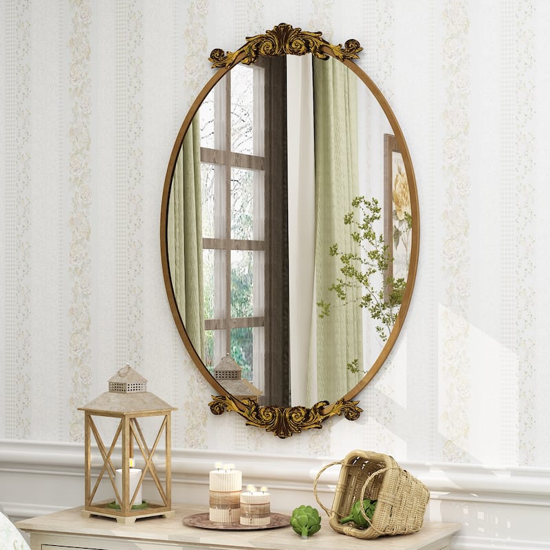 KIOTEE Oval Mirror and Metal Frame French Cleat Mounted Baroque Style Wall Decor Bathroom Vanity Mirror with 5-Year Warranty - 36x24 - Gold