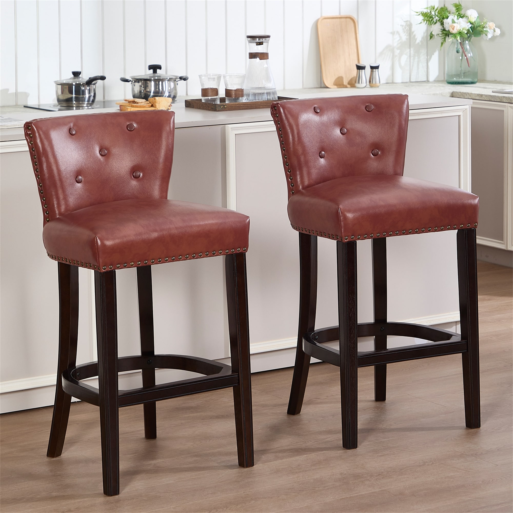 Cow top Leather Wooden Bar Stools with Backs(2pc)