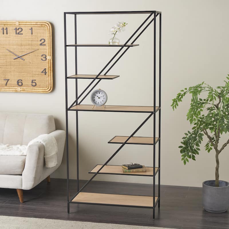 Wooden Geometric Diagonal Angled 6 Shelf Shelving Unit with Black Metal Frame - Brown - Roche River Decor