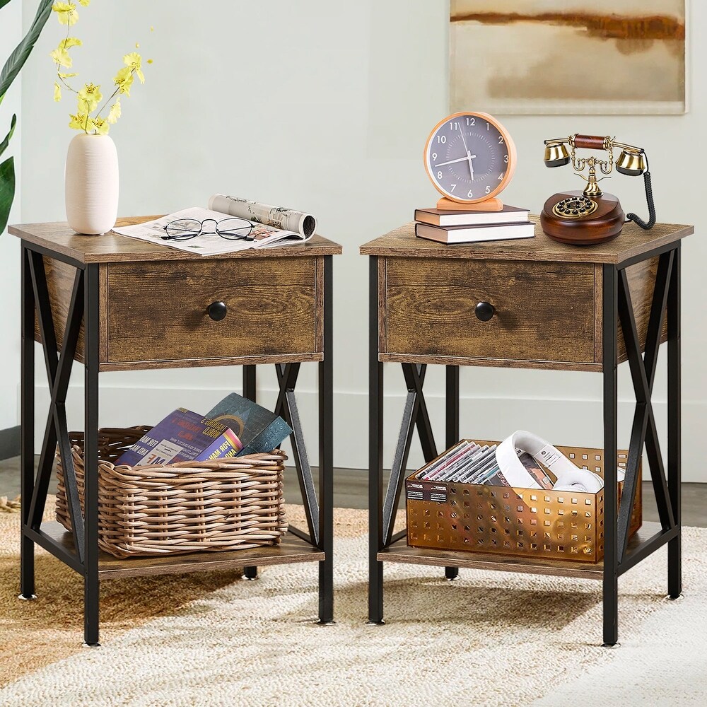  AWQM Rattan Nightstand Set of 2,Farmhouse End Table Set of  2,Wood Sofa Side Table,Accent Table with Storage, Bedside Table Accent  Storage Cabinet Living Room,Metal Legs,Brown : Home & Kitchen