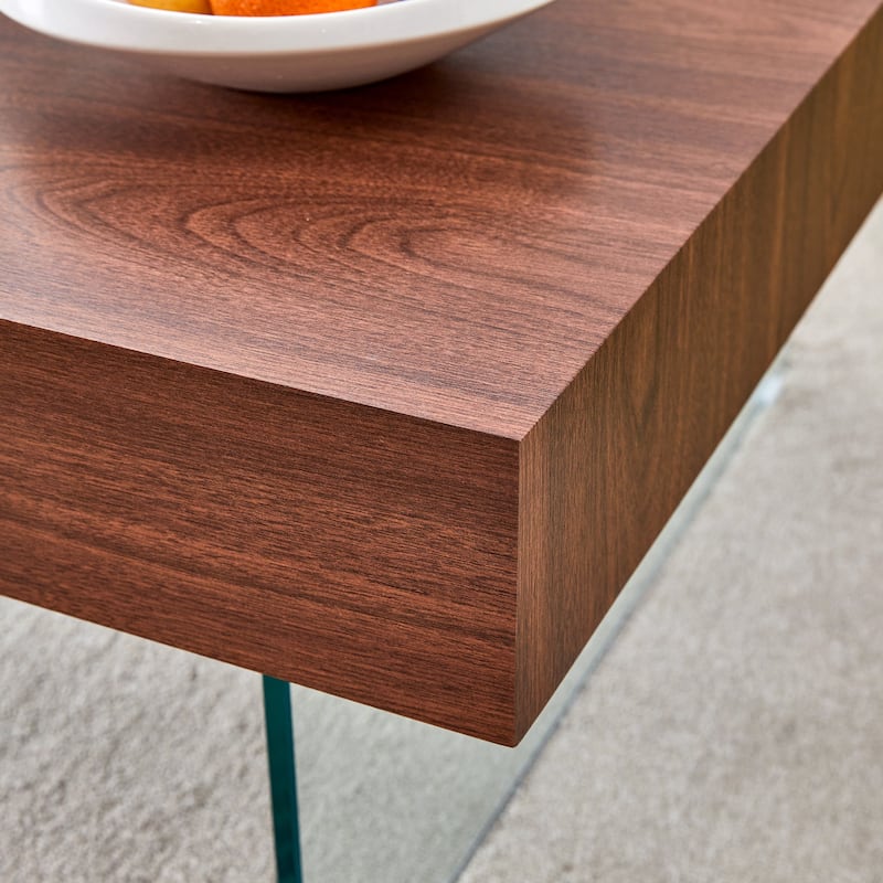 Walnut Colored Square Mdf Coffee Table - 31.5"X31.5"With Tempered Glass Legs.Density Board Sticker,Reinforced Glass Legs