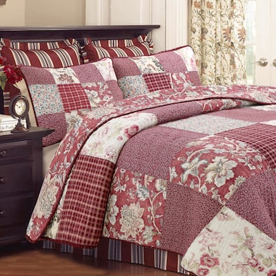 Cozy Line Thalia Real Patchwork 3 Piece Red Reversible Cotton Quilt Bedding Set