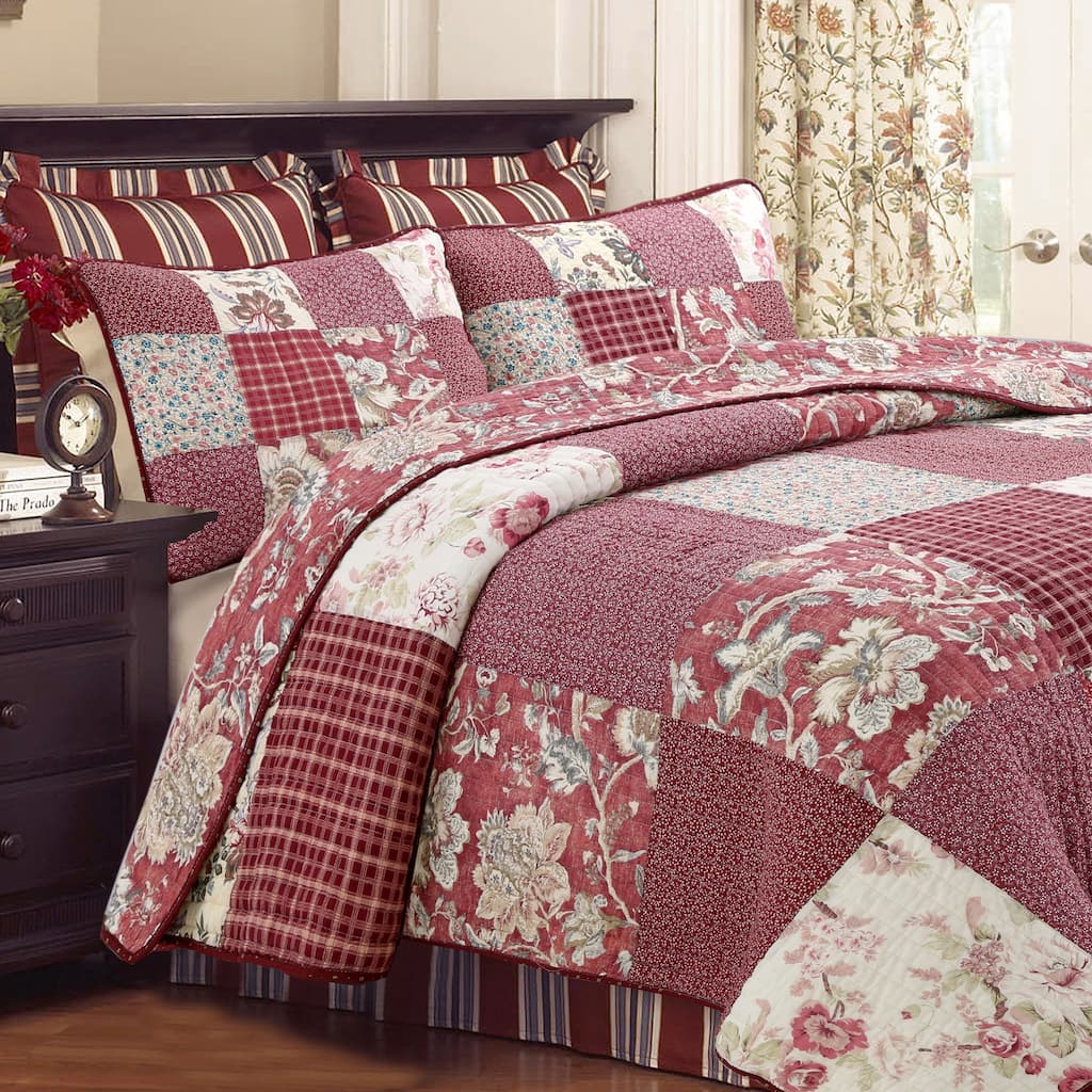 Cozy Line Thalia Real Patchwork 3 Piece Red Reversible Cotton Quilt Bedding Set
