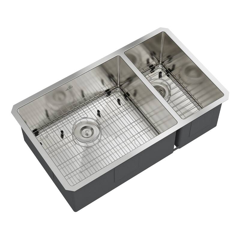 Handmade Undermount 60/40 Double Bowl 18 Gauge Stainless Steel Kitchen Sink with Bottom Grids and Basket Strainers