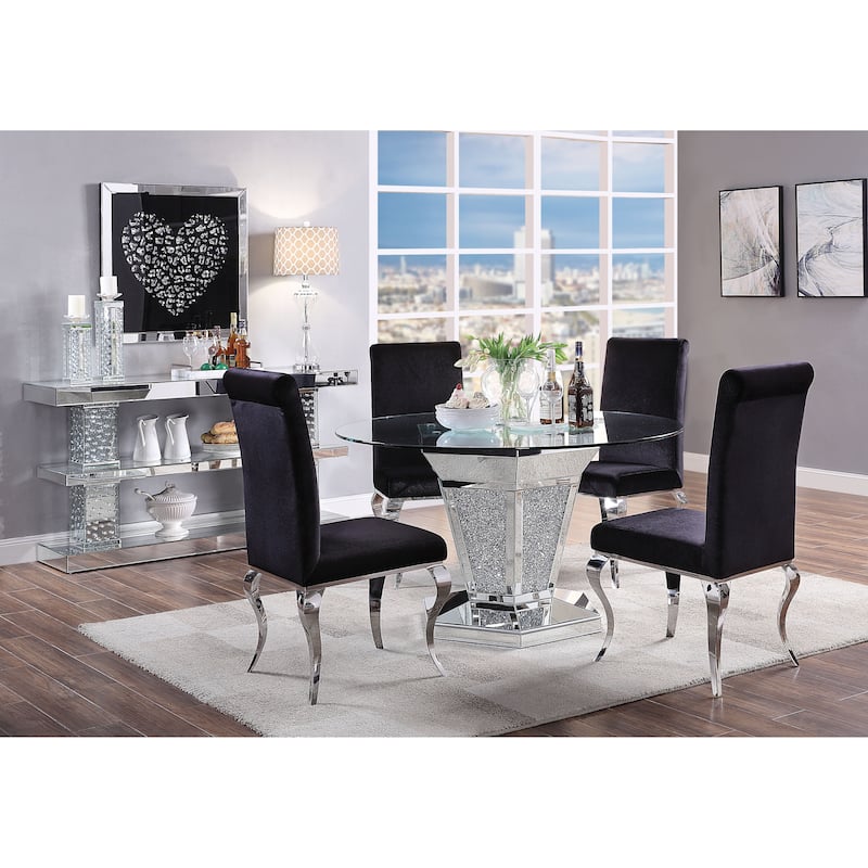 Faux Crystals and Mirror Inlaid Wooden Dining Table with Pedestal Base, Silver and Clear