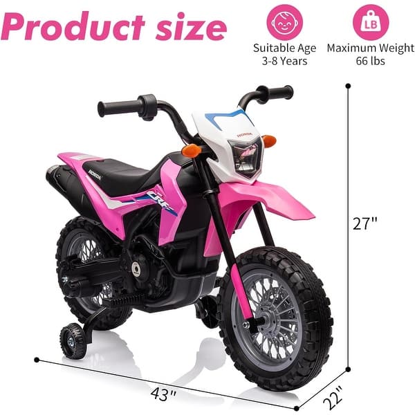 dimension image slide 2 of 3, Licensed Honda 6V Kids Electric Motorcycle, Battery-Powered Ride-On with Detachable Training Wheels for Young Riders