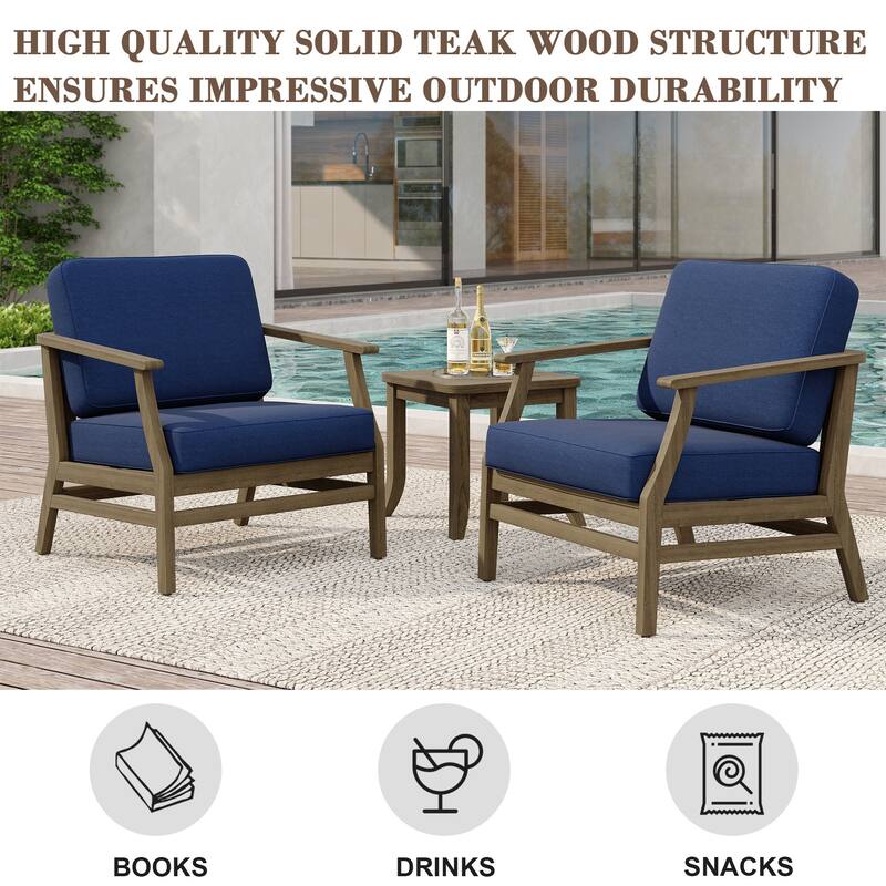 2 Set Patio Teak Wood Outdoor Chair and Side Table Set with Cushions