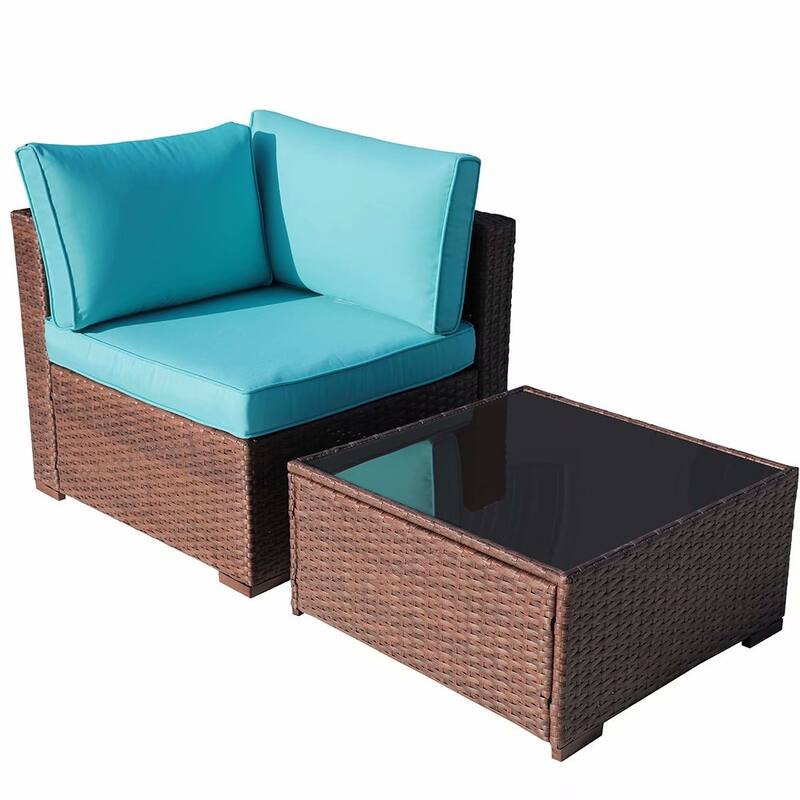 Outdoor 2 Pieces Wicker Sectional Sofa Patio Cushioned Corner Chair and Side Table
