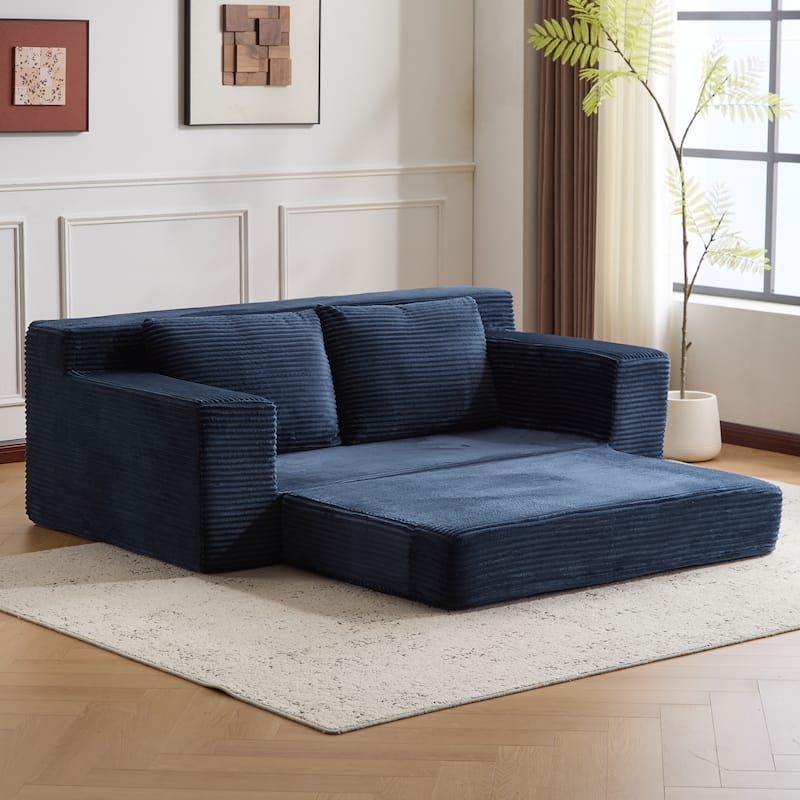 Floor Corduroy Deep Seat Loveseat Sofa with Folding Mattress Convertible Sleeper Sofa Bed with Reversible Cushion and Pillows