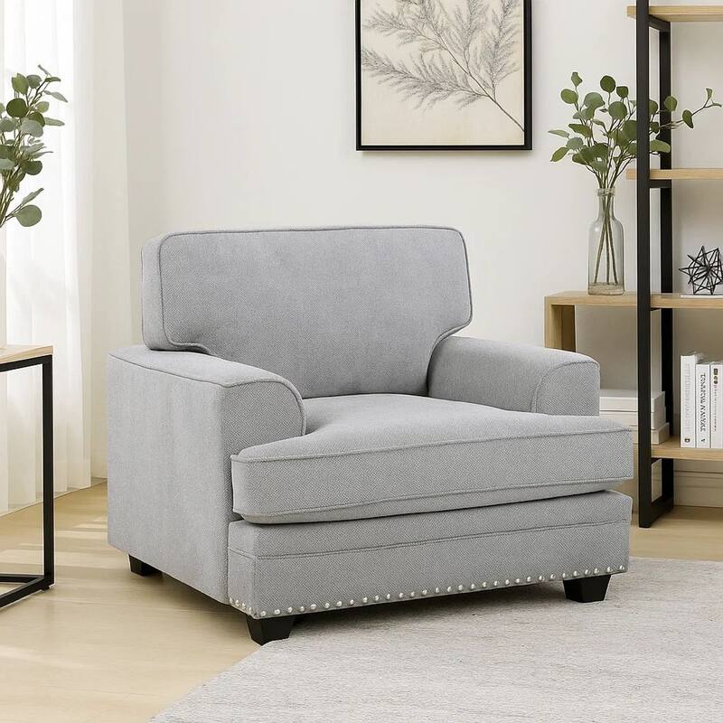 Brady Accent Armchair, Gray Chenille, Nailhead Trim, Black Legs