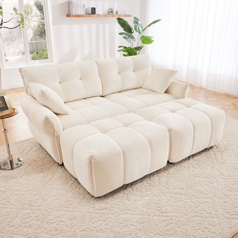 2-Seater Loveseats Sofa with 2 Ottomans & Throw Pillow - White