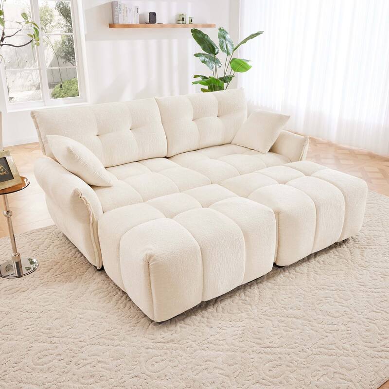 78.7" Chenille Leisure Couch Modular Upholstered Flared Arms Sofa with 2 Ottoman, Tufted Back Loveseats for Lving Room - White