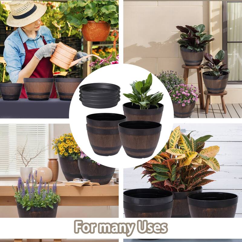 Javlergo 4 Pack 11.3" Plastic Planter with Drainage Holes Black Saucers for Outdoor Gardens and Indoor Decorations