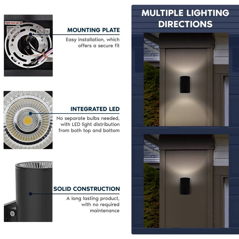 Luxrite Dusk to Dawn LED Modern Outdoor Wall Light, 12", Up or Up and Down Light, 3CCT 3000K-5000K, 20/30/40W, IP65, ETL