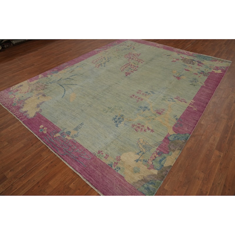 Hand Knotted Traditional Wool Blue Floral Area Rug - 11' 6'' X 8' 9''