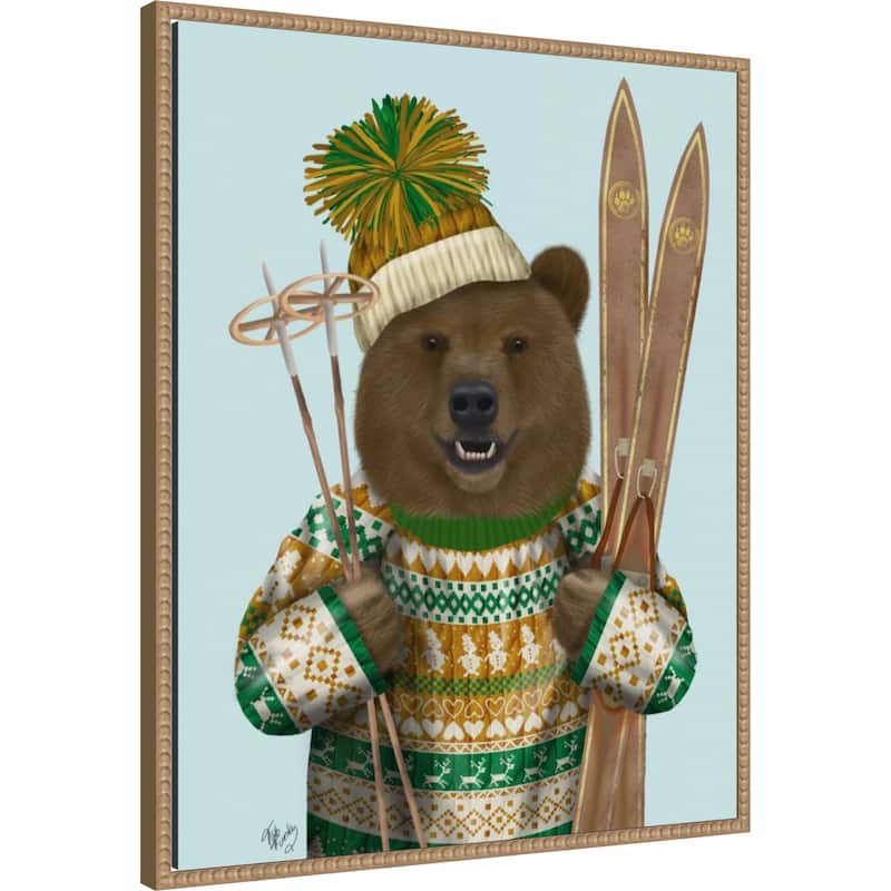 Bear in Christmas Sweater by Fab Funky (23 x 28 in.), Framed Canvas Wall Art Print - Sylvie Beaded Rustic Natural