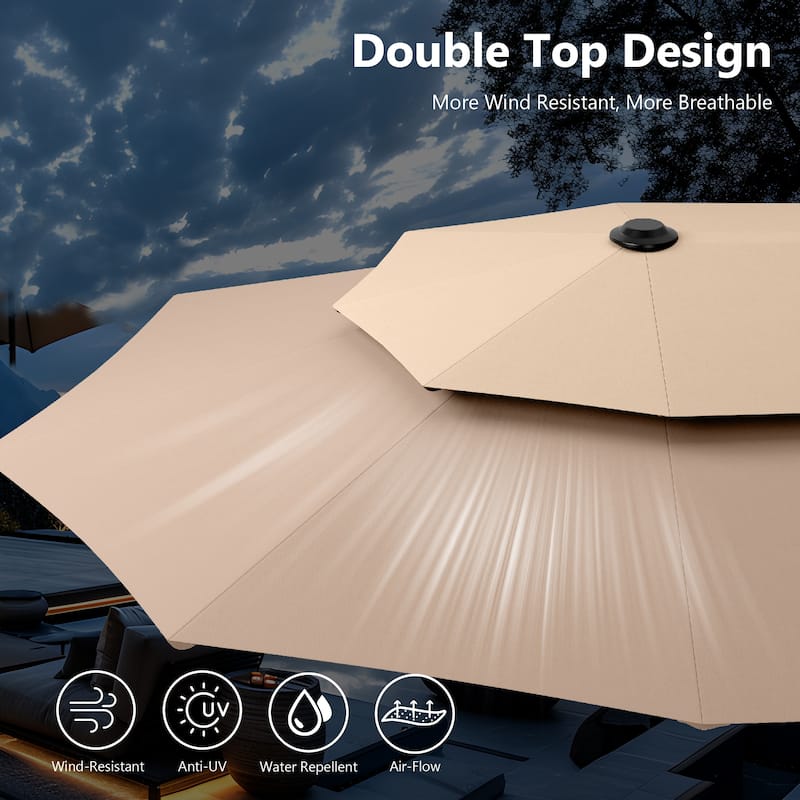 MAISON ARTS 13ft Double-Sided Outdoor Umbrella, 2-Tier Vented Market Umbrella with Colored Lights and Base